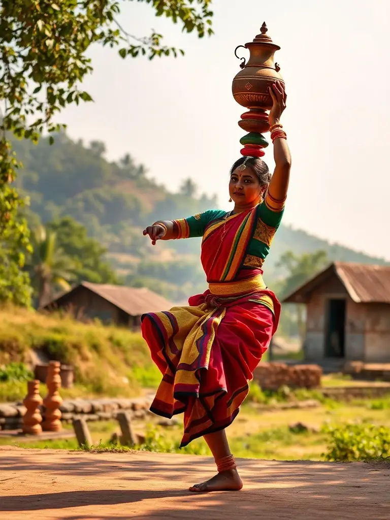 A Kuchipudi dancer balancing a pot on their head while performing intricate footwork, demonstrating the skill and artistry of the dance form, with a traditional Andhra Pradesh village scene in the background.