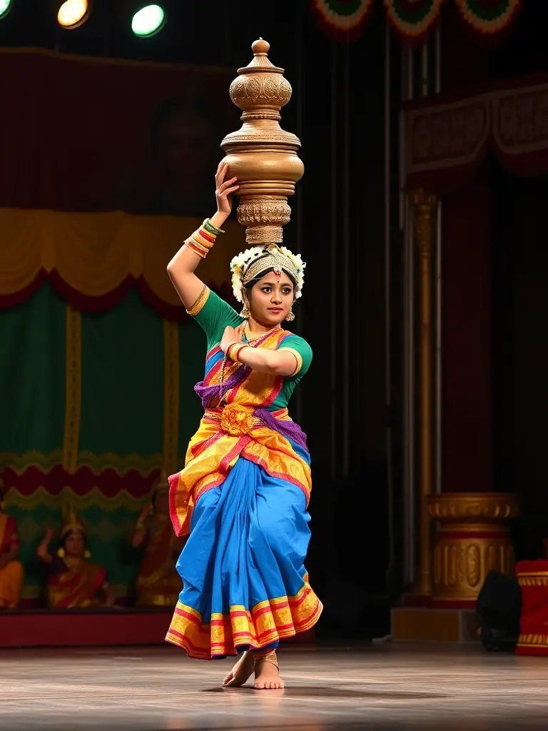 A Kuchipudi dancer balancing a pot on their head while dancing, showcasing the agility and skill required for this dance form during a Thouryatrika Kuchipudi performance.