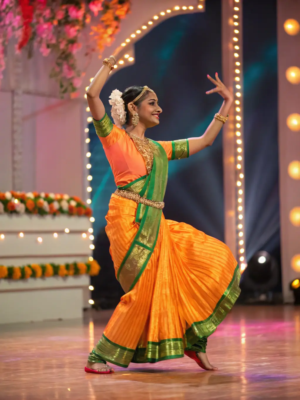 A Bharatanatyam dancer in a striking pose, adorned with traditional jewelry and costume, performing on a brightly lit stage during a Thouryatrika performance.