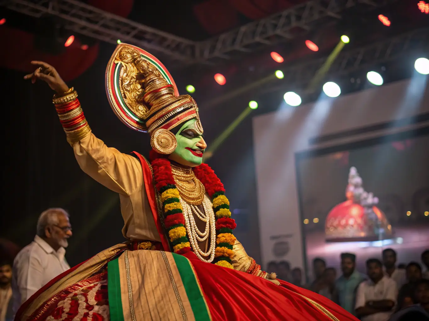 A vibrant image of a Kathakali dancer with elaborate makeup and costume, depicting a scene from a traditional mythological story, with dramatic lighting and intense expressions.