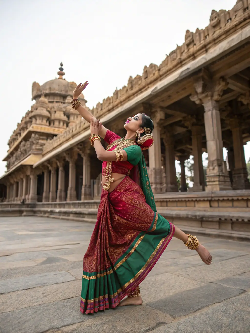 A Mohiniyattam dancer gracefully swaying, dressed in a Kerala Kasavu saree, performing in a serene setting with traditional Kerala architecture in the background. The image should highlight the dancer's fluid movements and gentle expressions.