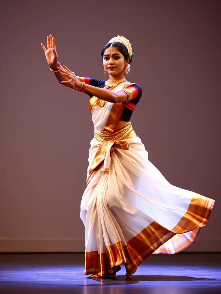 A Mohiniyattam dancer gracefully swaying, dressed in a traditional white and gold saree, performing a fluid movement during a Thouryatrika Mohiniyattam performance.