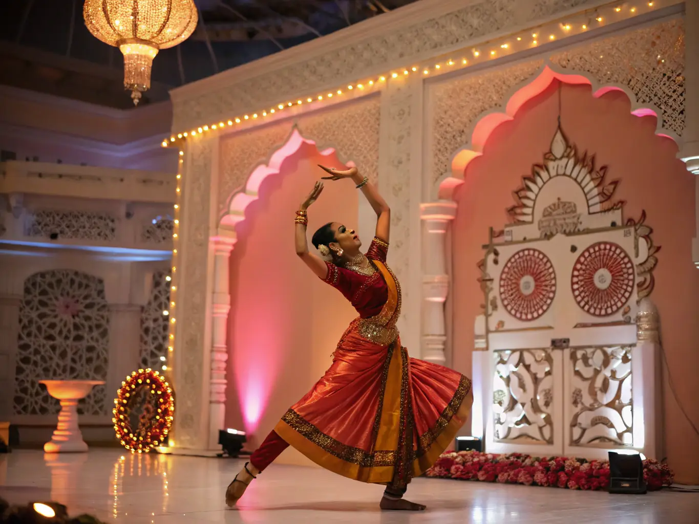 A captivating image of a Bharatanatyam dancer in mid-performance, showcasing intricate hand gestures and expressive eyes, set against a backdrop of traditional Indian architecture.