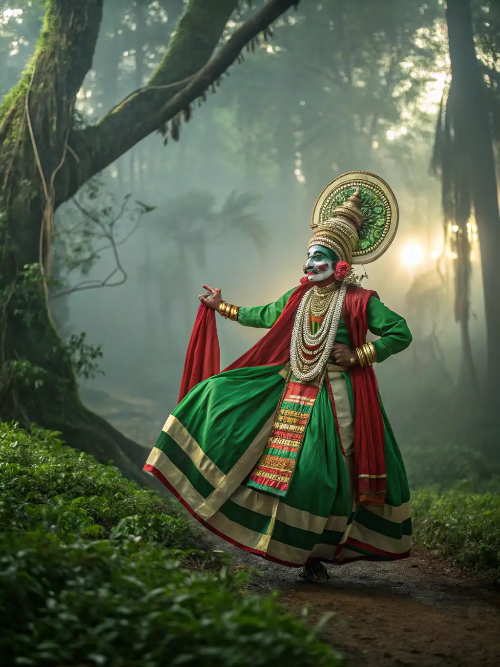 A Kathakali performer with elaborate makeup and costume, showcasing a dramatic expression during a performance. The backdrop should suggest a traditional Kathakali setting with torches or oil lamps.
