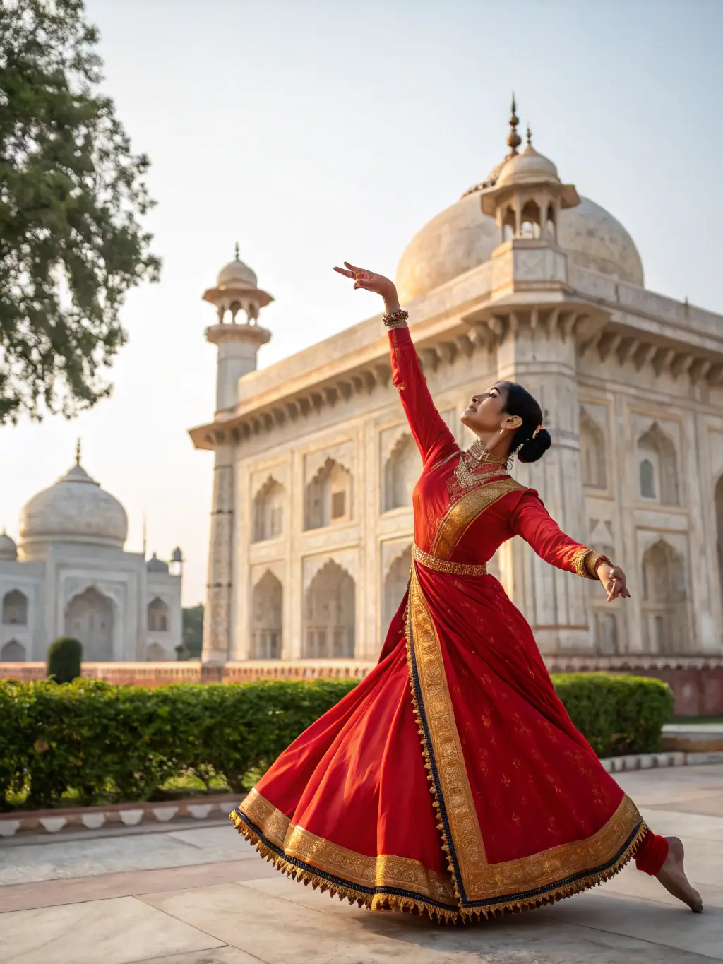 A Kuchipudi dancer balancing a pot on their head while dancing, dressed in traditional Kuchipudi attire. The image should capture the dancer's skill and the dynamic nature of the dance form.